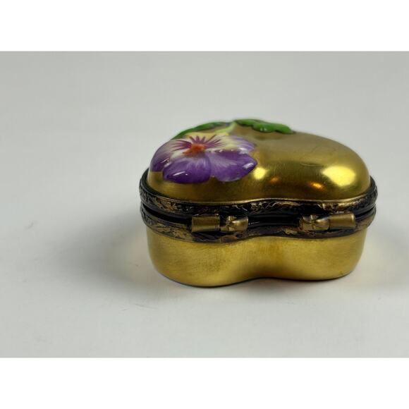 Rochard Limoges France Heart Trinket Box Hand Painted Pansy Gold Porcelain - Picture 4 of 12